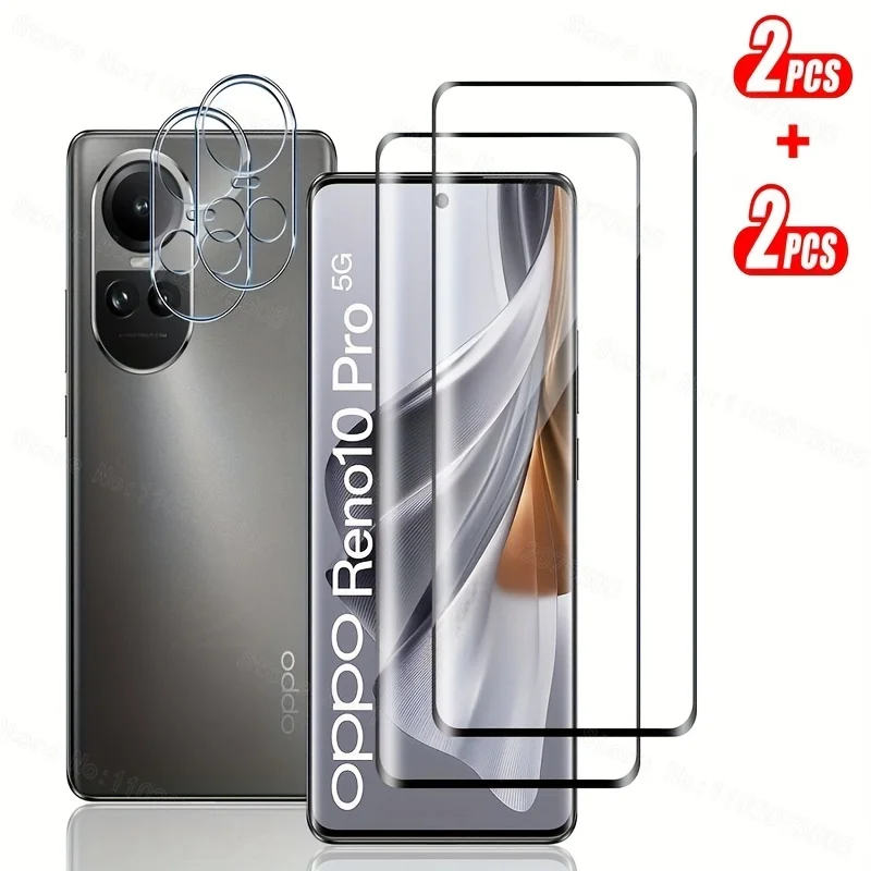 2 Stück 9D HD Displayschutzfolie aus gehärtetem Glas + 2 Linsenfolien, geeignet für OPPO Reno 10/Reno 10 Pro 5G, vollständige Abdeckung, kratzfest