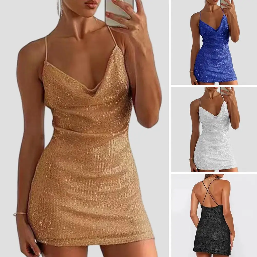 

V-neck Dress Sparkling Sequin V-neck Party Dress Slim Fit Mini Dress for Women Backless Clubwear with Spaghetti Straps Women