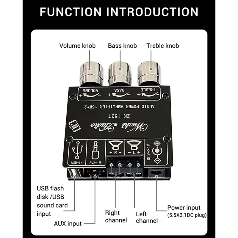 Placa amplificadora Digital con Bluetooth, módulo estéreo 2,0 de doble canal, 15W + 15W, con tono alto y bajo, compatible con aplicación, ZK-152T