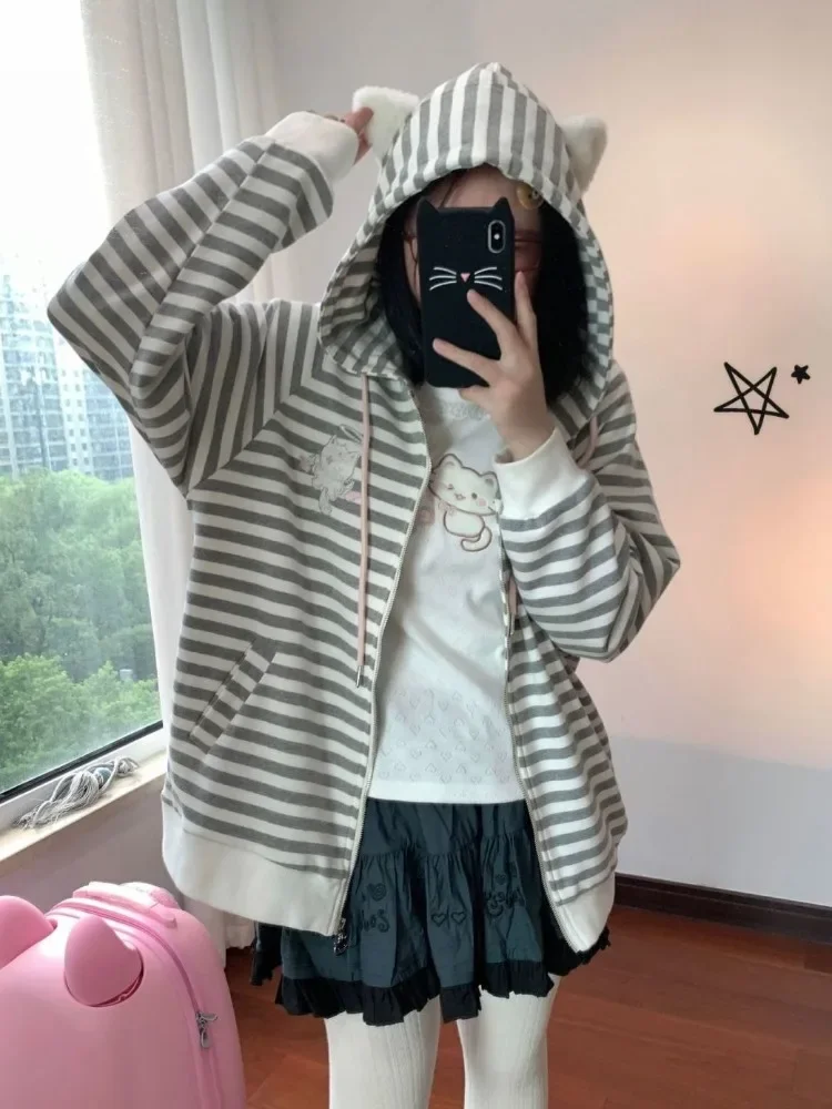 2025 Striped Patchwork Cuteore Kawaii Sweet Hoodies Women Loose Japanese Style Cute Cartoon Embroidery Zipper Hooded Sweatshirt