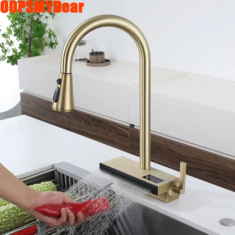 

Kitchen LED Digital Faucet Sink Pull Out Down Brass Tap Deck Single Hole Rain Shower Hot Cold Copper 360 Rotation Faucets Crane