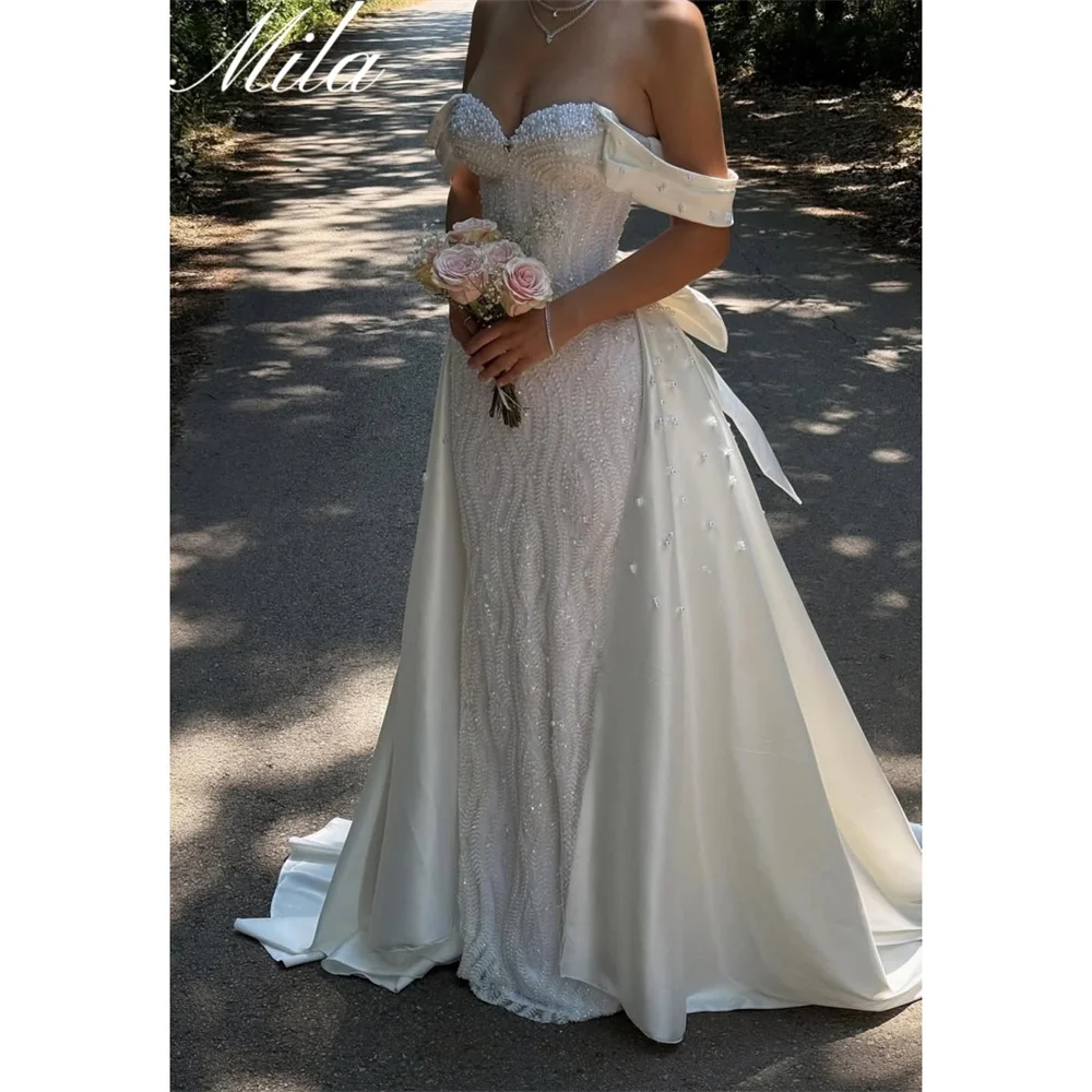 

Mila White Off Shoulder Wedding Party Dress Customized Back Lace-Up Court Train Evening Dresses Chic Mermaid vestidos de fiesta