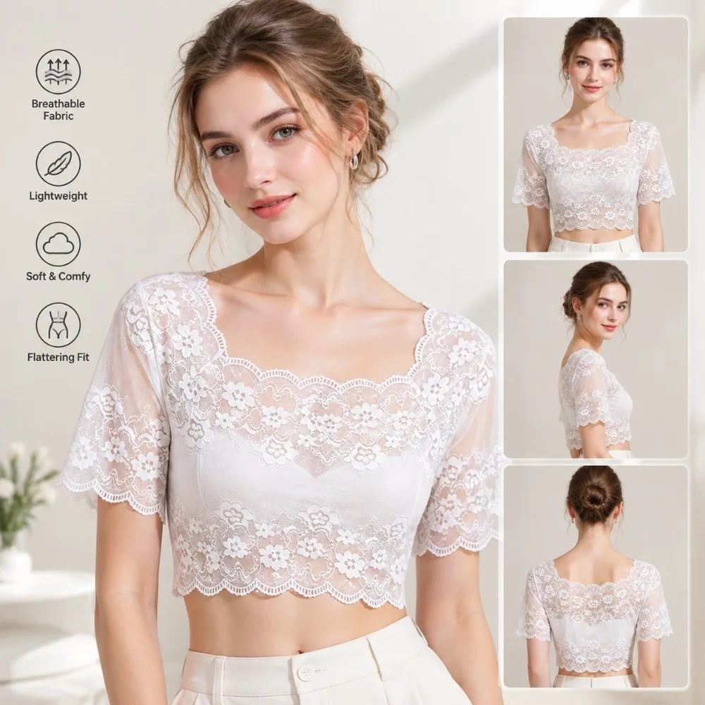Cool Nylon Lace Short Sleeve Top Thin Light Fabric Short Sleeve Hollow Out Layering Tee Breathable Sheer Mesh Blouse Women