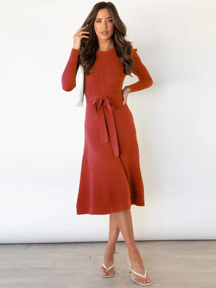 

Autumn Winter Solid Color Knitted Dresses Women Temperament Elegant Puff Sleeves Leace-up Knitting Dress Female Commuting Style