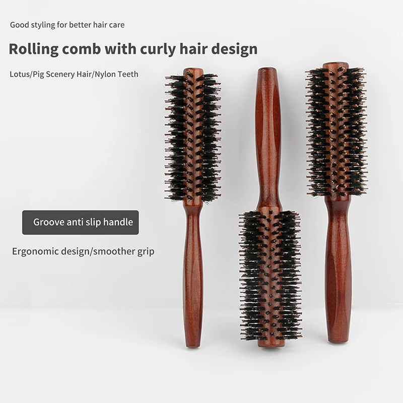 1Pcs Wood Handle Round Rolling Brush Straight Twill Hair Comb Boar Bristle Round Barrel Hair Curling Brush Hairdressing Tool