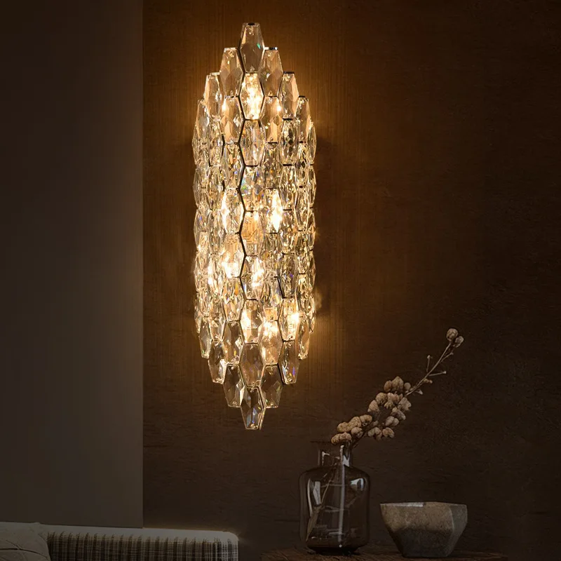 Gold Stainless Steel Clear Crystal LED Wall Sconce Art E14