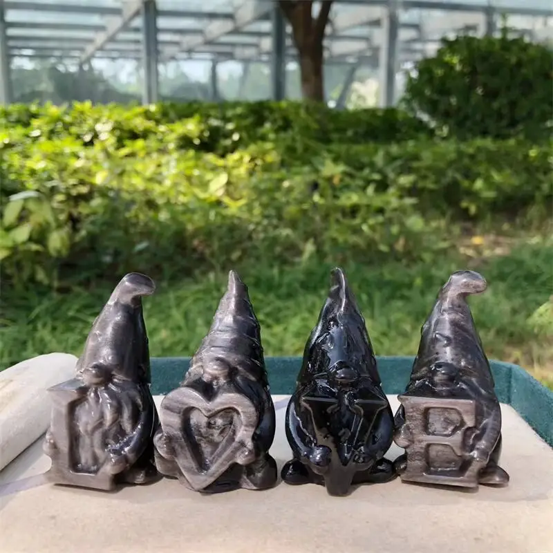 

4PCS Natural Silver Obsidian Gnome With LOVE Cartoon Carving Healing Fengshui Gemstones HomeDecoration Holiday Gift