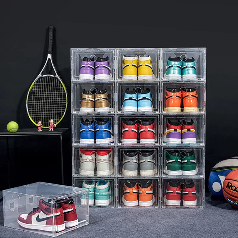 1pcs Transparent Plastic Shoe Storage Boxes Clear Sneakers  Display Case High-tops Football Shoe Box Stackable Shoes Cabinet