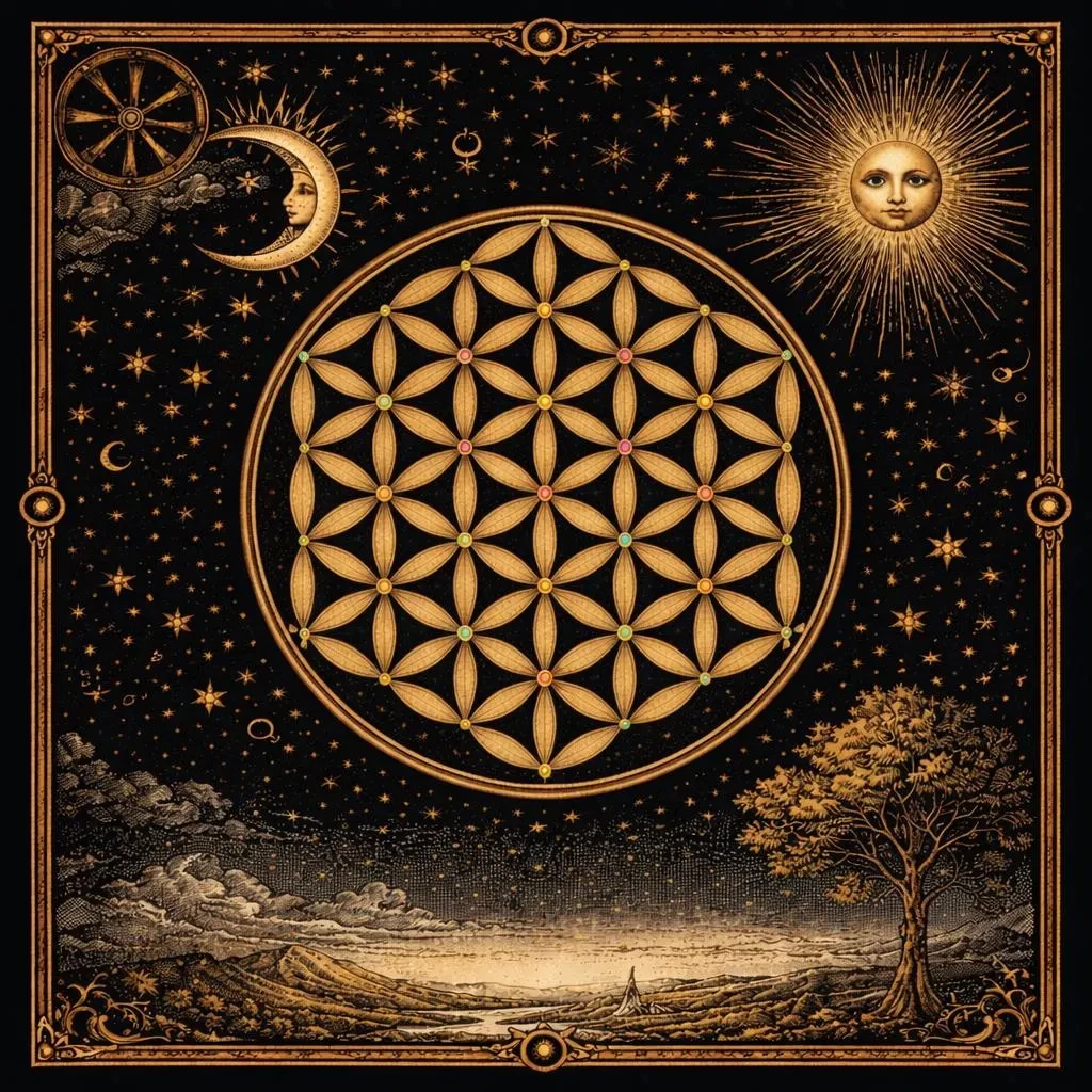 Sacred Geometry Tarot Cloth, Flower of Life Altar Mat, Boho Divination Tablecloth, Spiritual Witchy Decor, Flat Print