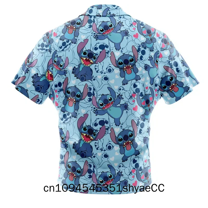 2025 summer new Stitch cartoon casual 3D printed short sleeved Hawaiian lapel shirt slim fit men's top