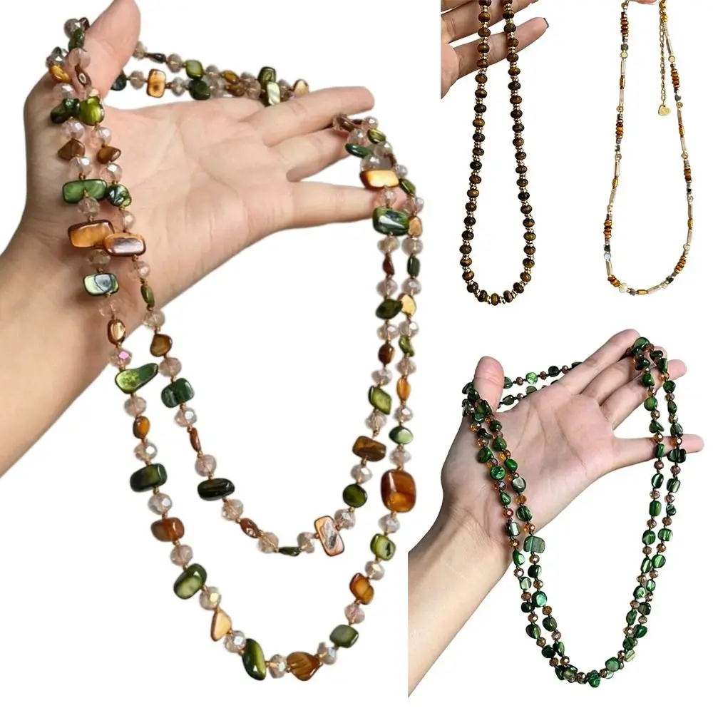 New Round Tiger Eye Stone Necklace Artificial Glass Retro Pearl Beaded Necklaces Stackable Neck Maillard Chain Choker for Women