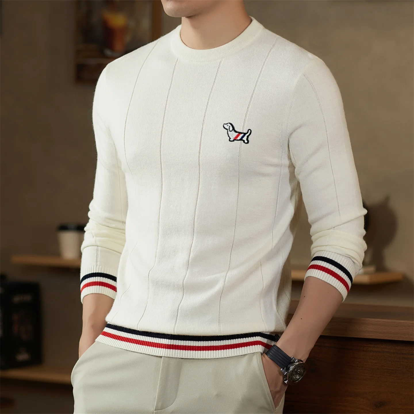 High end Brand round neck Sweater Men winter fashion color blocked striped exquisite dog embossed Korean casual knitted pullover