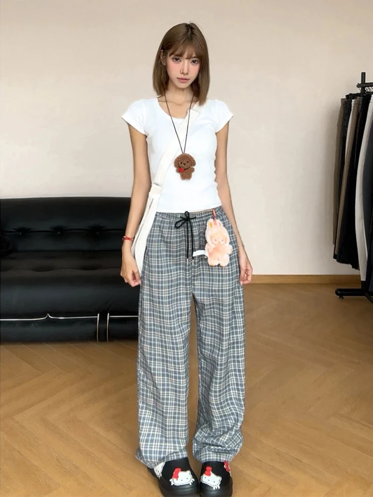 

Blue Plaid Summer Thin American Retro High Waist Straight Leg Ice Silk Pants Women's Loose Fit Casual Trousers Sweet Style
