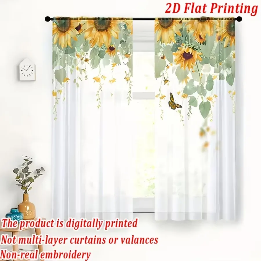 2PCS Digital Print Sheer Curtain, Green Leaf Sunflower Summer Floral Botanical Window Drapes for Living Room Bedroom Home Decor