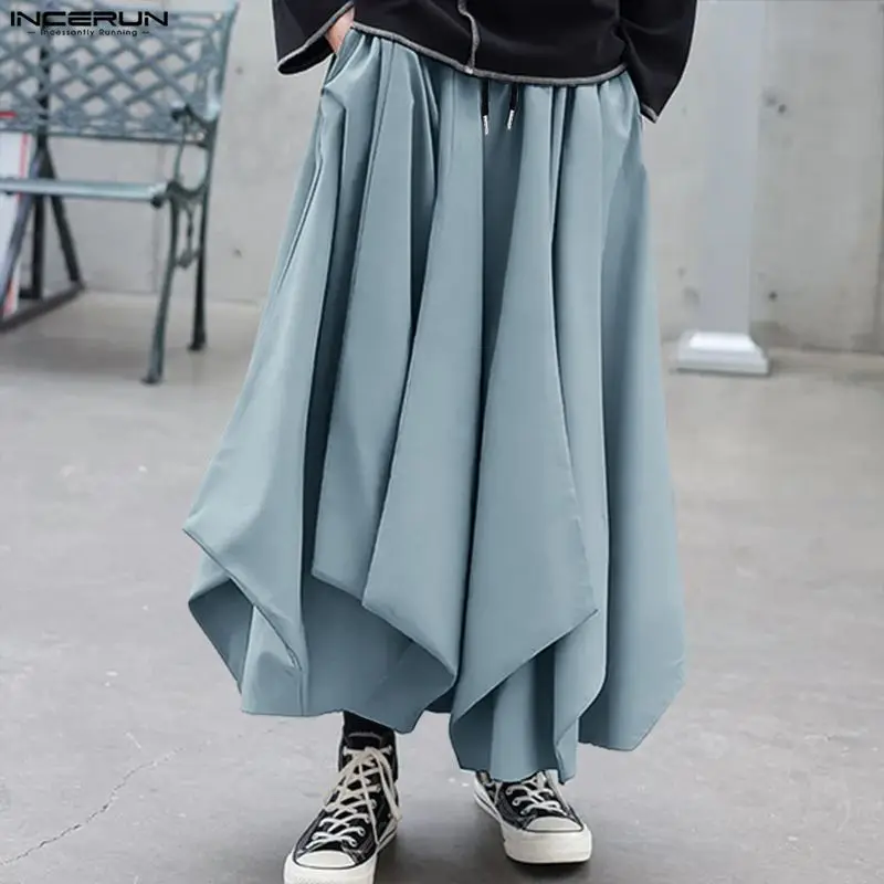 

INCERUN Men Wide Leg Pants Solid Color Loose Joggers Drawstring Casual Men Irregular Trousers Streetwear 2026 Fashion Male Pants