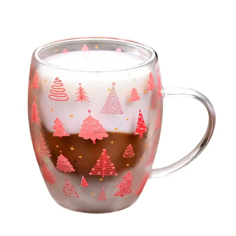 Double Walled Glass Coffee Mugs Heat Resistant Insulated Tea Cup With Handle Red Christmas Tree Pattern Glass Cup Decorative