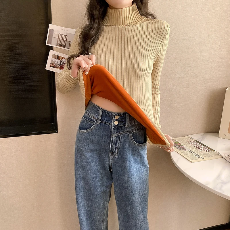

Fce Lined High Ne Knit Sweater Women Long Sve Slim Fit Waist Cinched Thiened Sli Base Layer Top Корейский Sle