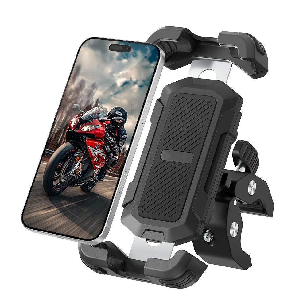 Motorcycle Phone Holder with Shock Absorbers 360° Adjust Strong Clamp Motos Bicycle Mobile Stand for 4.7-6.8 inch Mobile Phone