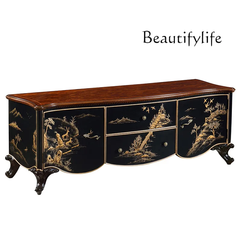 

Chinese classical solid wood TV cabinet British black painted home living room film and television floor cabinet light luxury