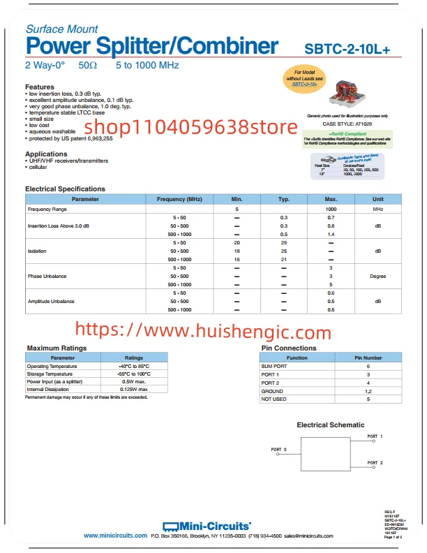 SBTC-2-10L+ مقسم طاقة RF/مجمع 5 ميجا هرتز ~ 1 جيجا هرتز عزل (دقيقة) 20 ديسيبل، 5 ° غير متوازن (الحد الأقصى) 6-SMD (5 خيوط)، خيوط مسطحة #2