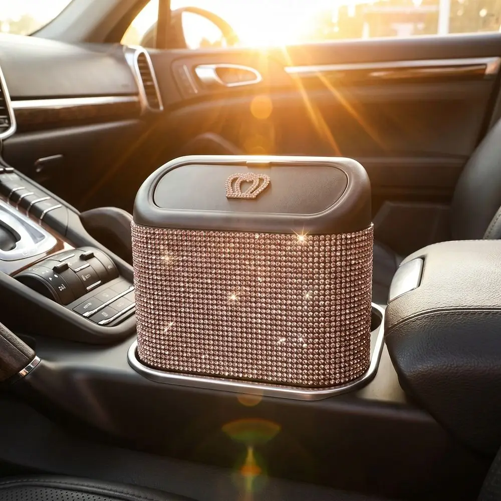 Hanging Car Trash Can Shimmering Rhinestone Leak-Proof Portable Garbage Bin Removable with Lid Car Garbage Organizer Office