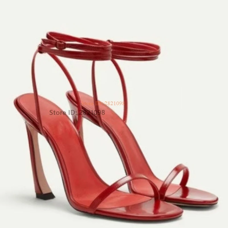 Sandalias de charol rojo con cordones para mujer, zapatos de tacón grueso con un cinturón, tacón alto brillante, Punta abierta, Verano