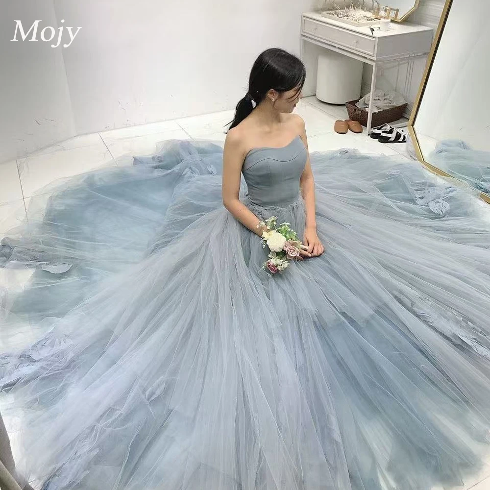 

Mojy Elegant Dusty Blue Prom Dress Korea Photo Shoot A Line Strapless Wedding Party Gown Floor Length Corset Customized