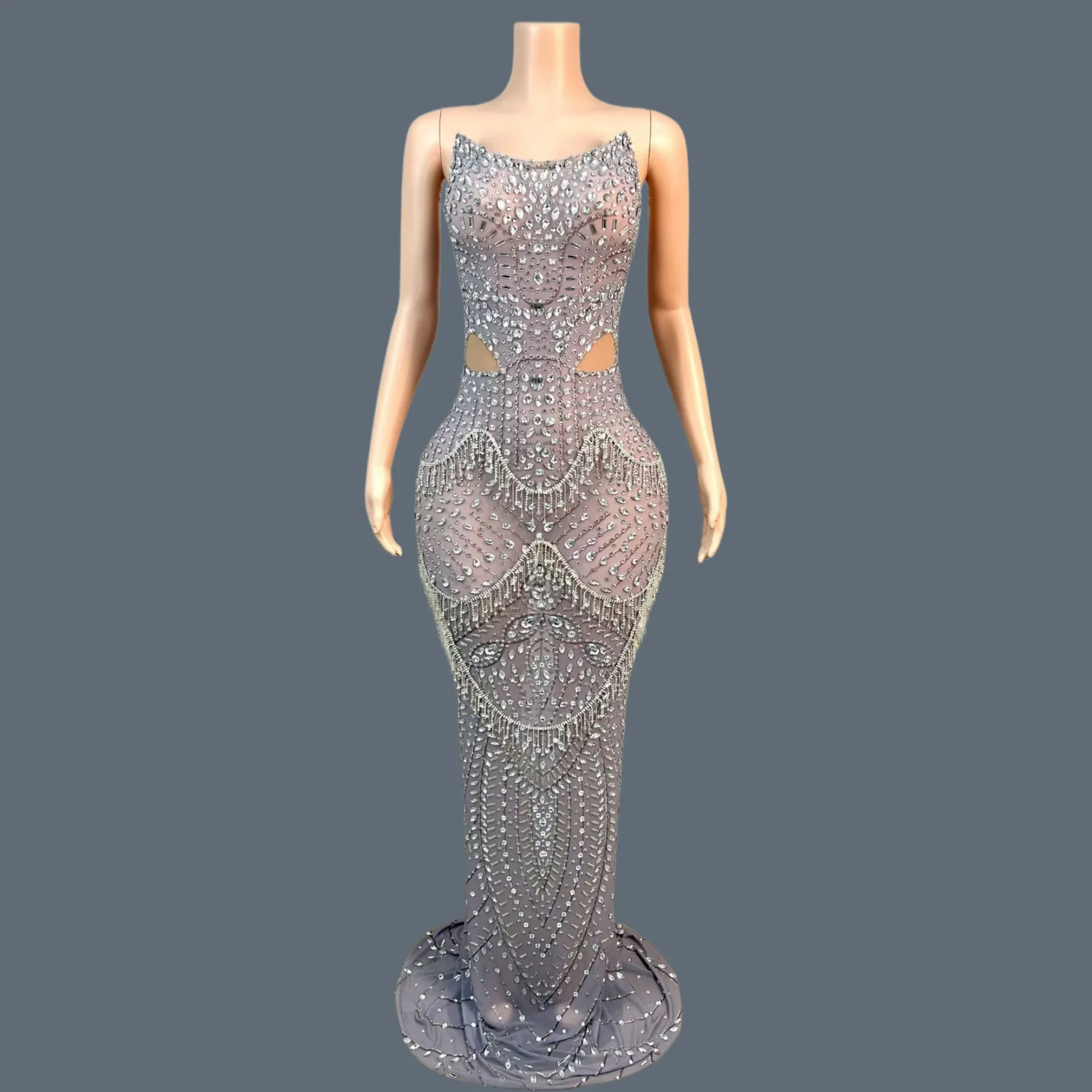 

Sparkly Rhinestone Strapless Birthday Women Evening Gown Cocktail Party Outfit Prom Formal Sexy Elegant Bodycon Long Dress Wumai