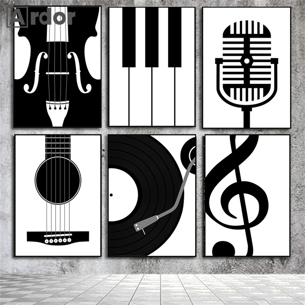 

Black And White Piano Guitar Poster Record Keyboard Music Print Pictures Abstract Canvas Painting Nordic Wall Art Bedroom Decor