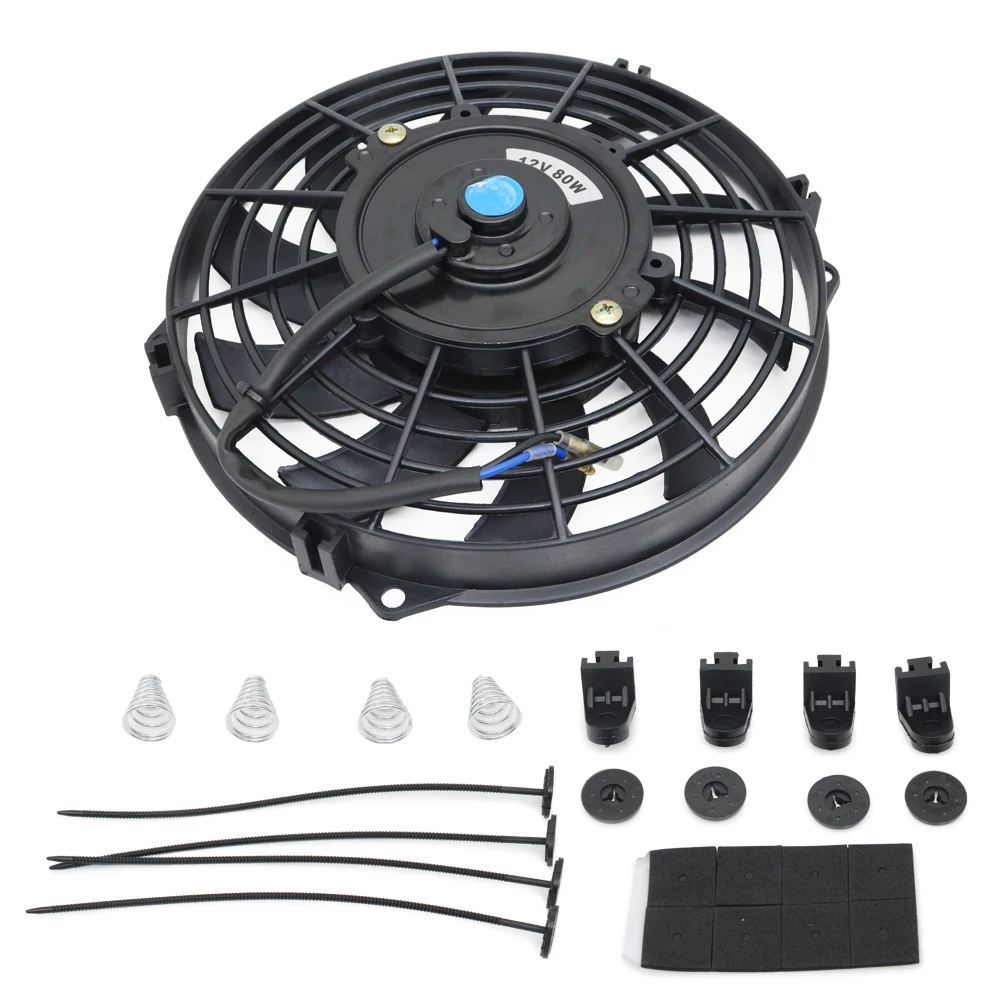 7 9 10 12 Inch Universal 12V 80W Slim Reversible Black Blade Electric Cooling Radiator Auto Fan Mounting Kit