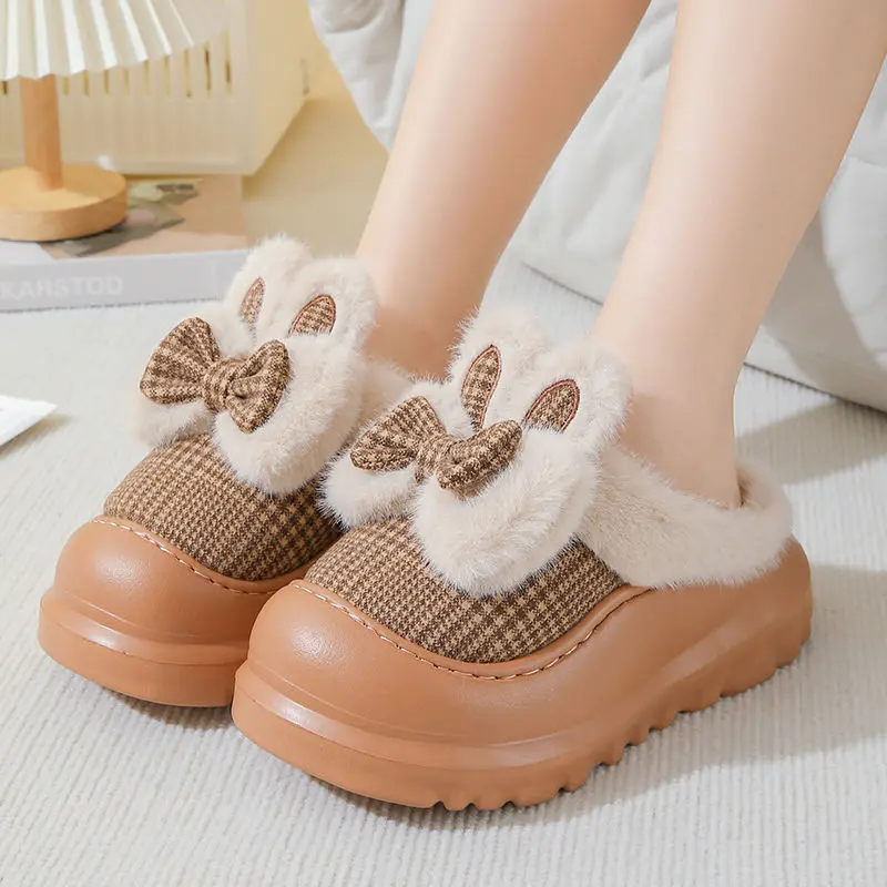 

New plush bunny ears slippers woman furry platform mules shoes for home slipper women's fashion rabbit slides winter flip flops