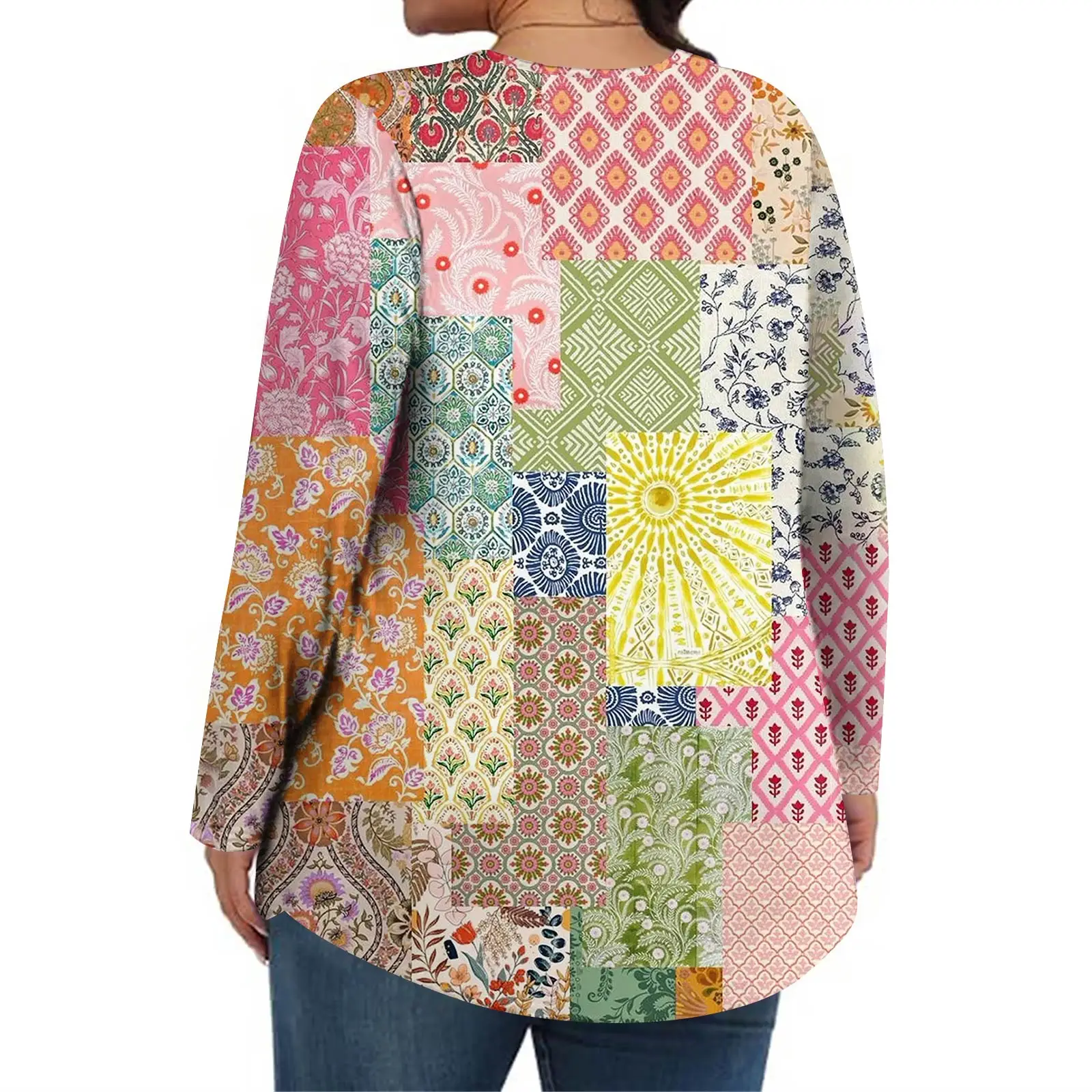 Plus Größe Langarm Top für Frauen Mode Retro Floral Print Plissee Rundhals T-shirt Weibliche Casual Herbst Basis Shirt