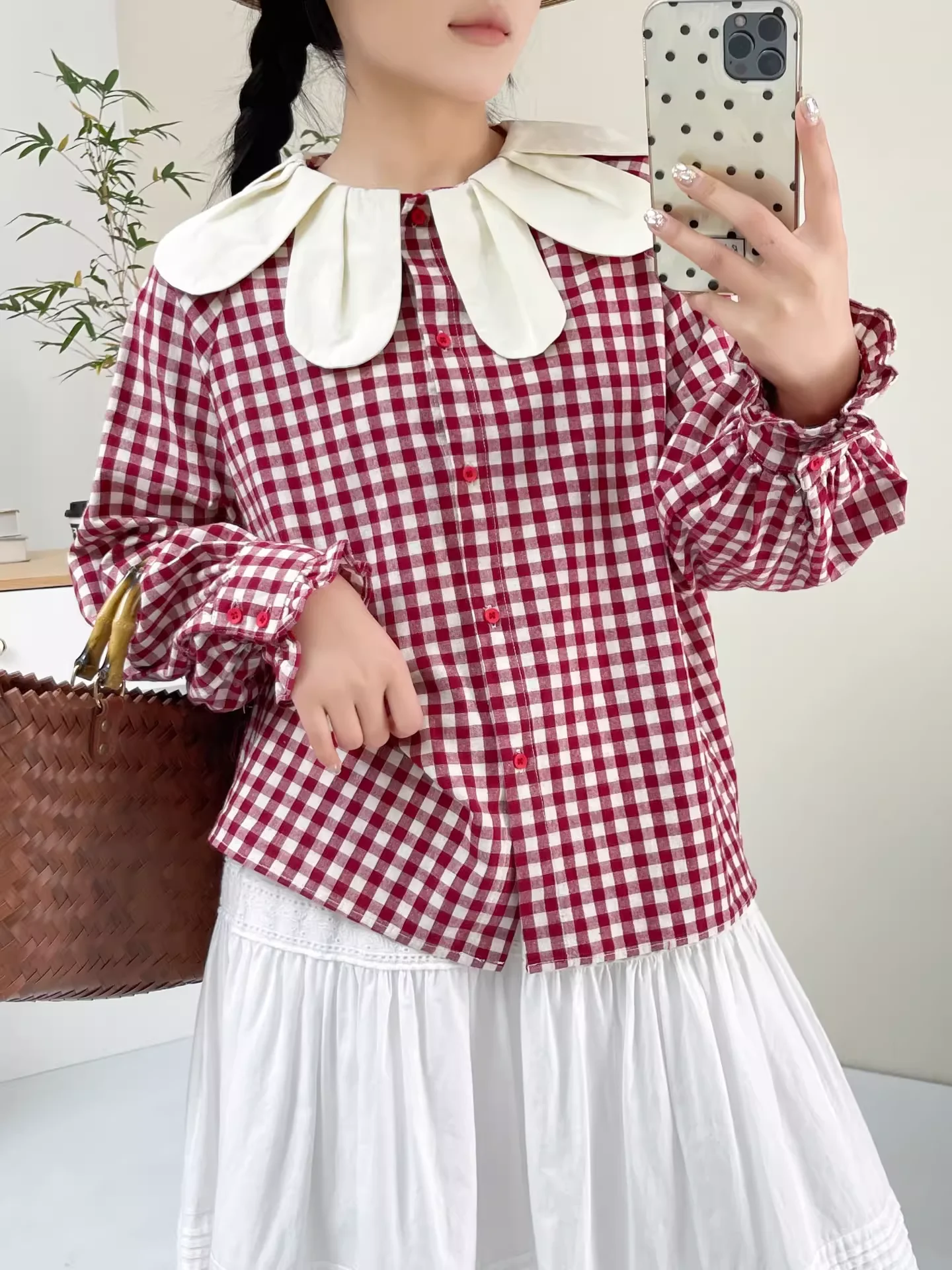 

2026 Mori kei clothing Japanese style original red black checkered shirts long sleeve blouses for women cotton cute clothes