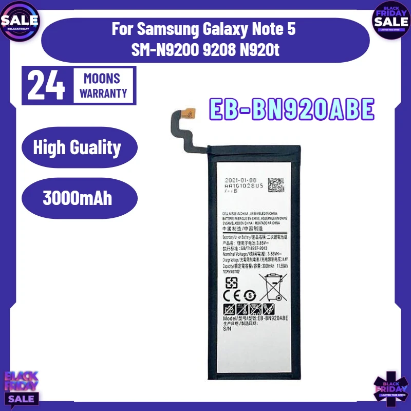 

3000mAh EB-BN920ABE Li-ion Mobile Phone Battery for Samsung Galaxy Note 5 Note5 SM-N9200 9208 N920t