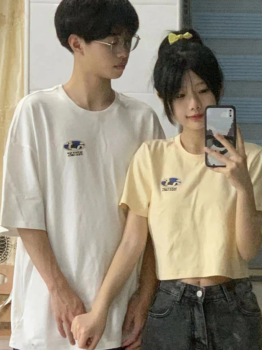 

Футболка Pinkdog Couples свободного кроя с винтажным принтом «Молочная корова» из хлопка для лета, мужская повседневная одежда, круглый вырез