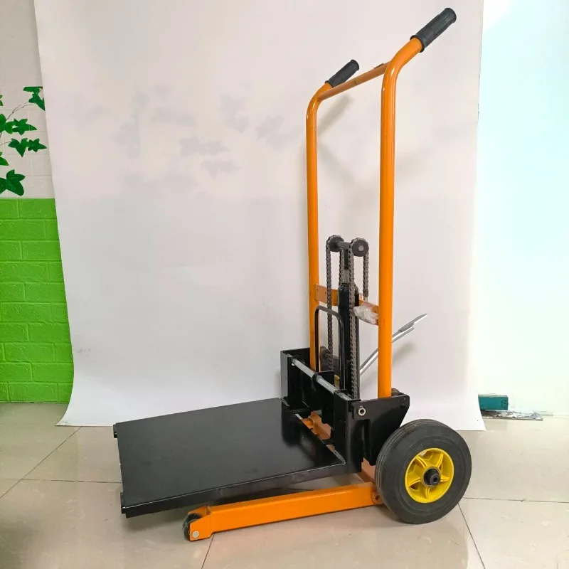شاحنة مكدس هيدروليكية يدوية تحميل وتفريغ رافعة شوكية صغيرة لرفع عربة متنقلة صغيرة وخفيفة