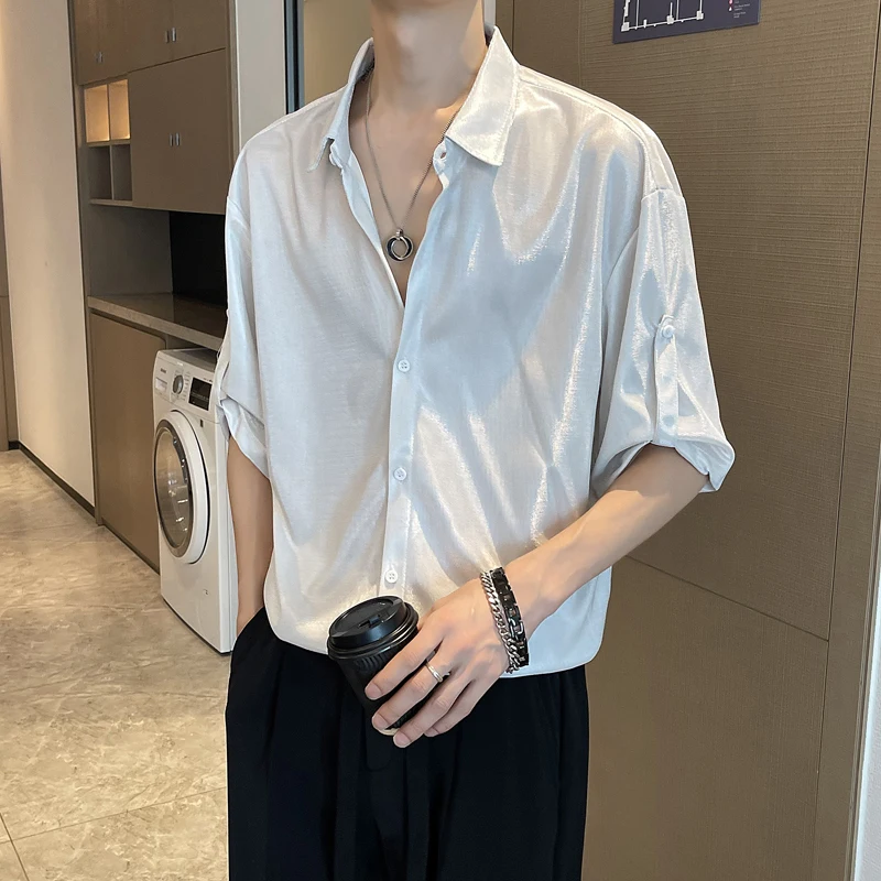 Men Shiny Design Casual Shirt Trendy Handsome Shirts Fashion Loose Half Sleeve Tops Korean Style Personality Clothing