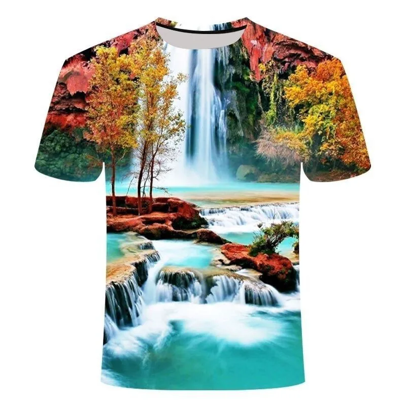 Summer Men New Natural Scenery Waterfall 3D Printed T-shirts Unisex Fashion Casual Round Neck Short Sleeve oversized t shirt Top