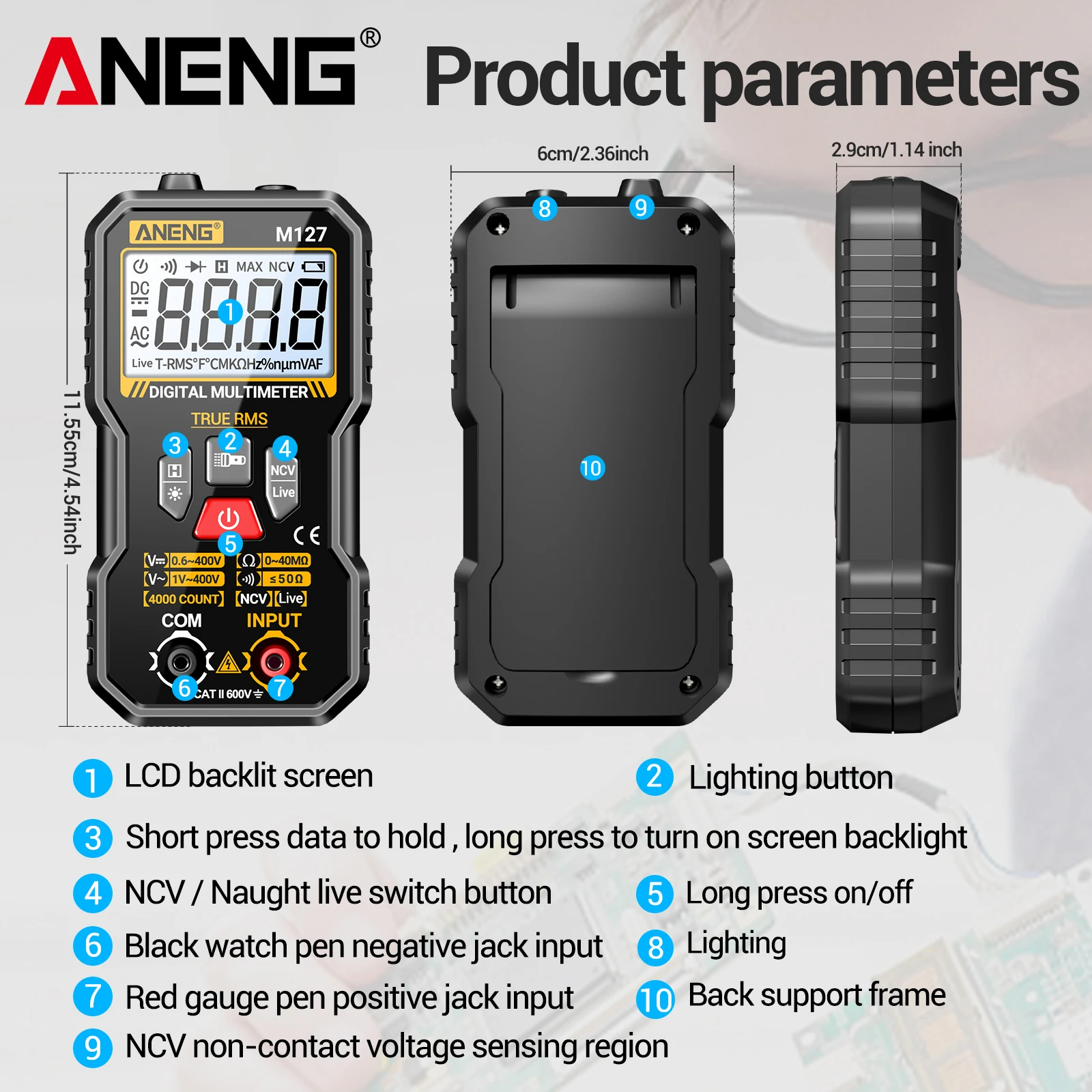 ANENG M127 Digital Multimeter 4000 Counts True RMS Auto Range Multimeter with Backlight NCV Live Wire Test Portable Mini Voltage view 2
