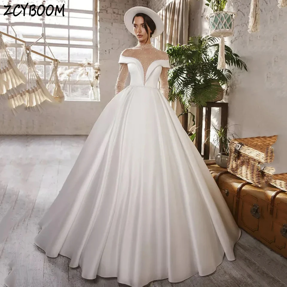 Elegant White High-Neck Pearls Long Sleeves Wedding Dress 2025 Ball Gown Floor Length Sweep Train Stain Zipper Bridal Gown