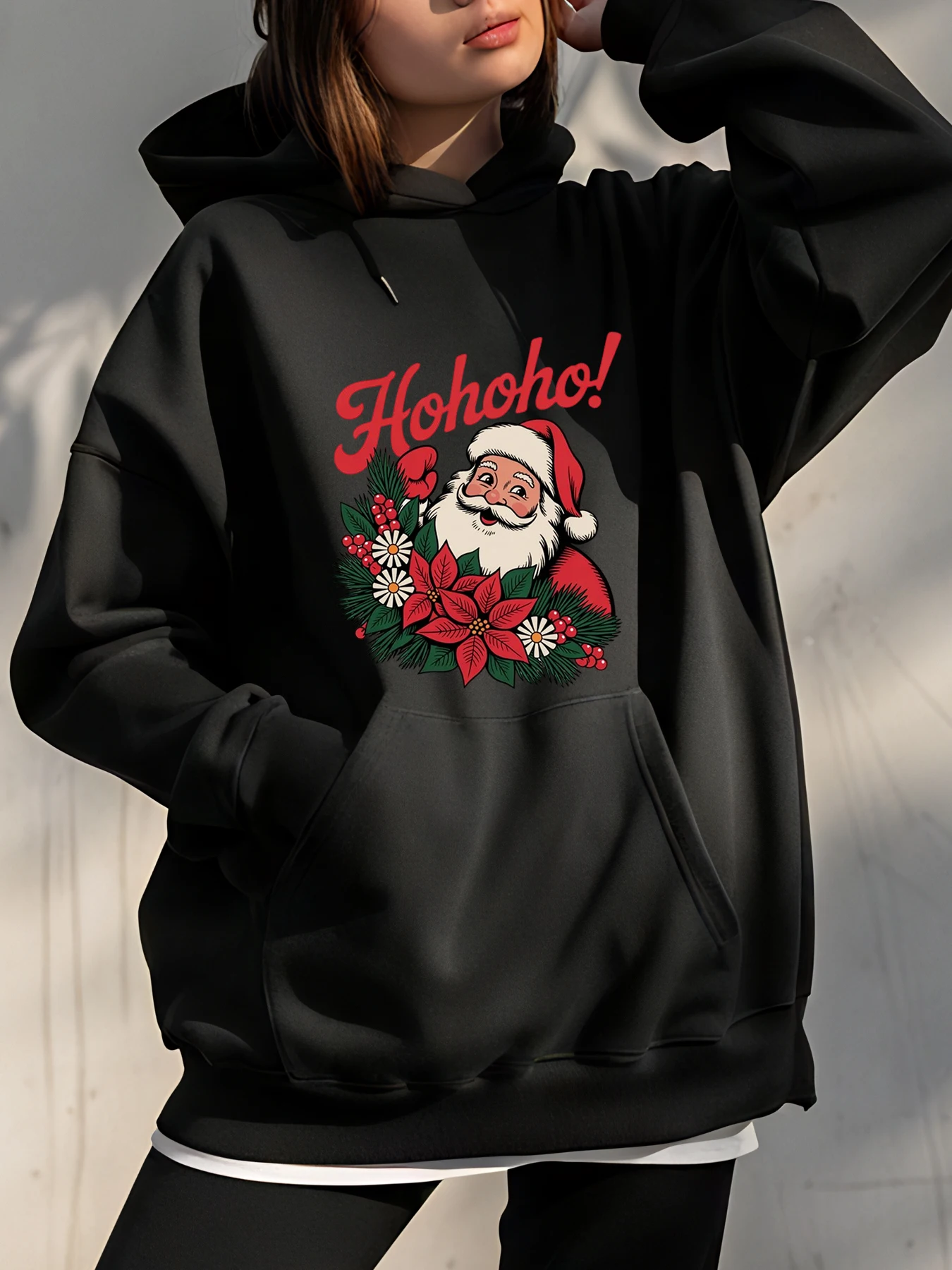 

Christmas Hoodie Santa Claus Print Black Sweatshirt Holiday Casual Wear Women's Fashion Winter Outwear