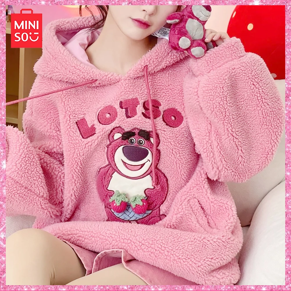 New Miniso Lotso Cartoon Embroidered Fleece Hooded Loose Top Long Sleeve Plus Size Hoodie Coat Girls Birthda Gift