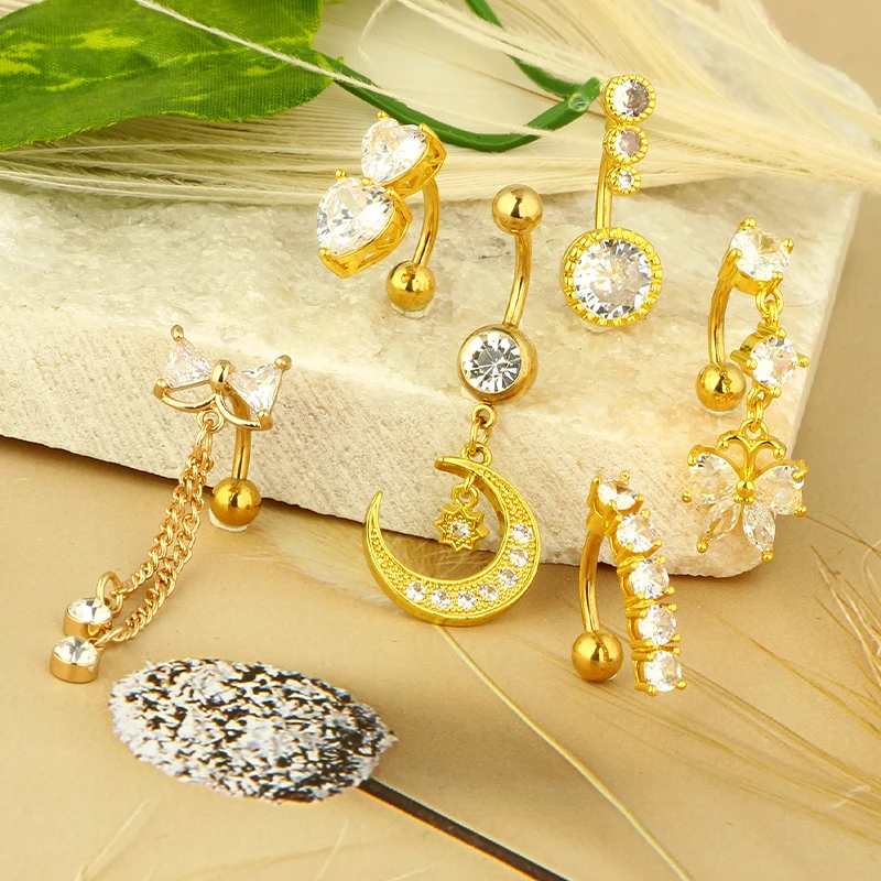 1pc Golden Belly Button Rings Pack acciaio inossidabile Long Dangling ombelico Piercing gioielli per le donne 14G Belly Bar Kit Stud