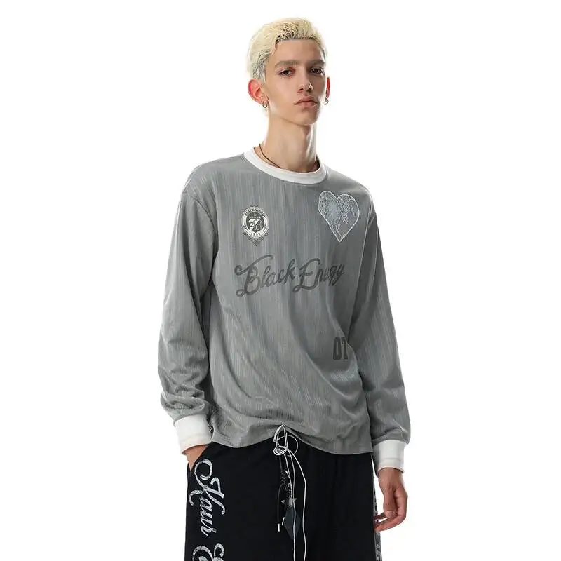 LUZHEN 2026 New Letter Printed Splicing Round Neck Stripe T-shirts Men's Fashion Handsome Casual Long Sleeve Male Clothes JY7954