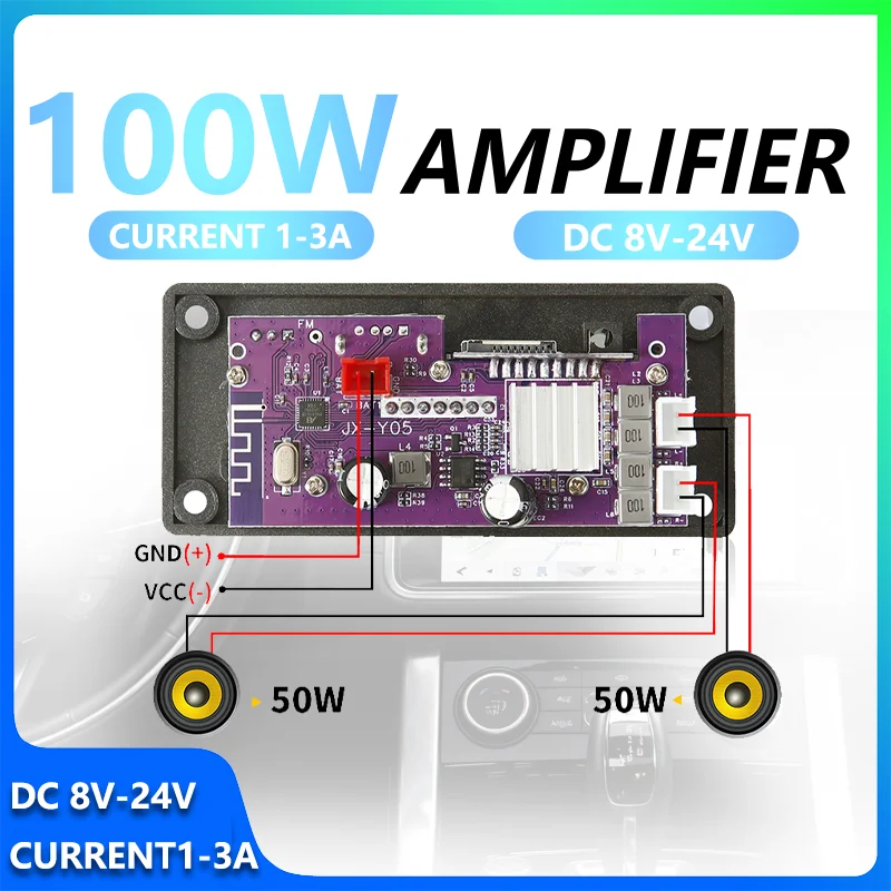 2*50W Bluetooth Amplifier Complete Kit with Remote Display Power Cable Brown Case 8V-24V DC for Car Audio Home Theater Hi-Fi DIY
