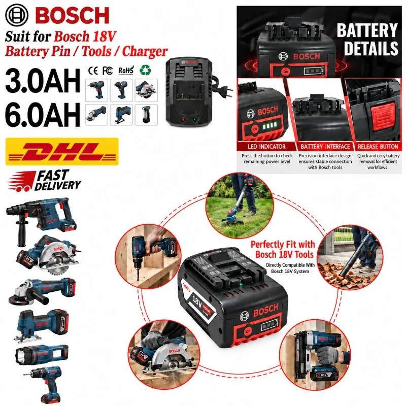High Capacity Safe Bosch 18V 6Ah Rechargeable Battery For Grinder Circular Saw Tools