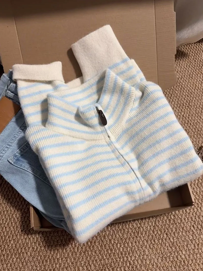 Color Blocking Striped Sweater For Women Temperament Stand Collar Zipper Knitted Cardigan Chic Long Sleeve Warm Knit Tops