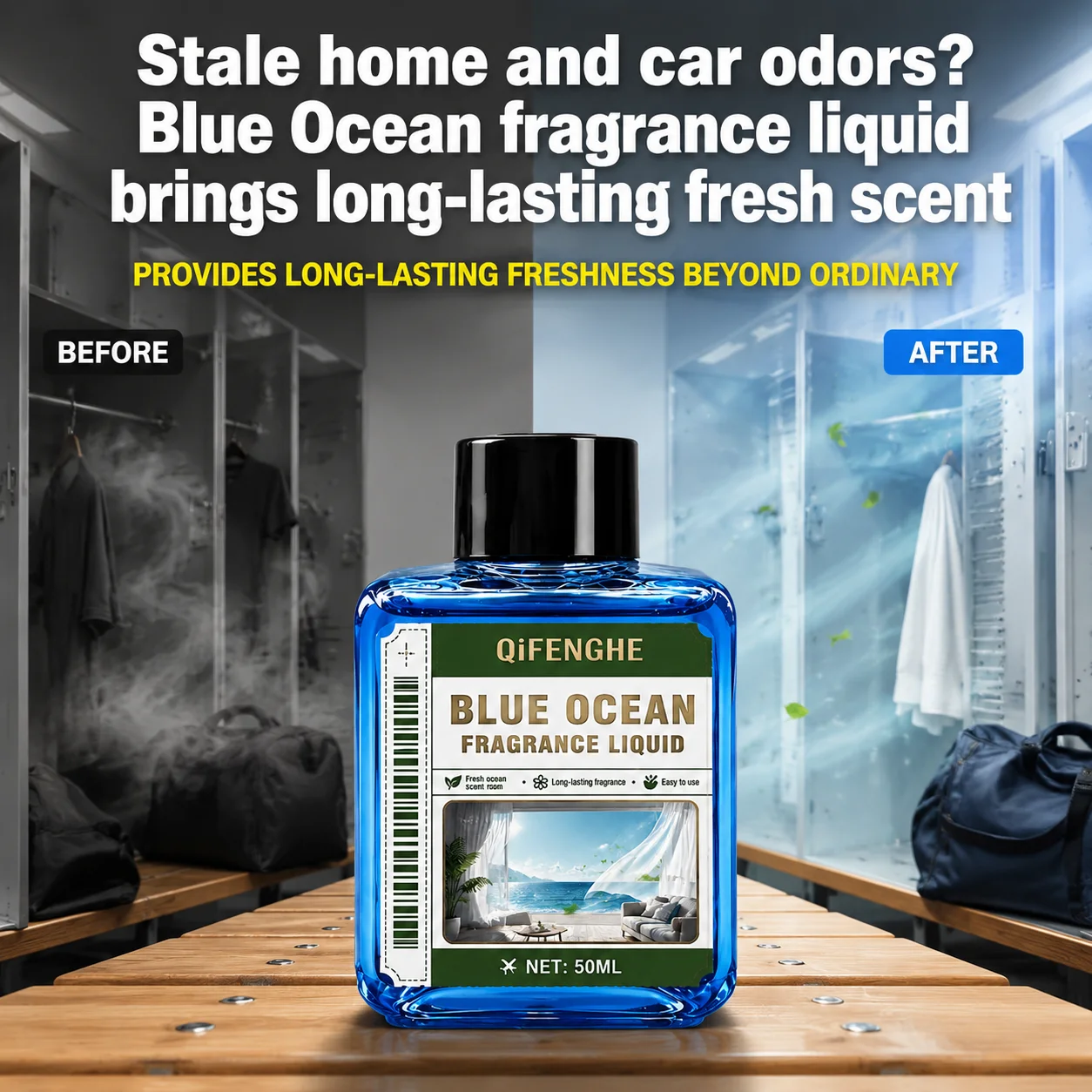 Continuous Blue Ocean Odor Eliminator Liquid for Pet Area Bathroom Gym Locker Deodorize Heavy Smells 50ml Vial