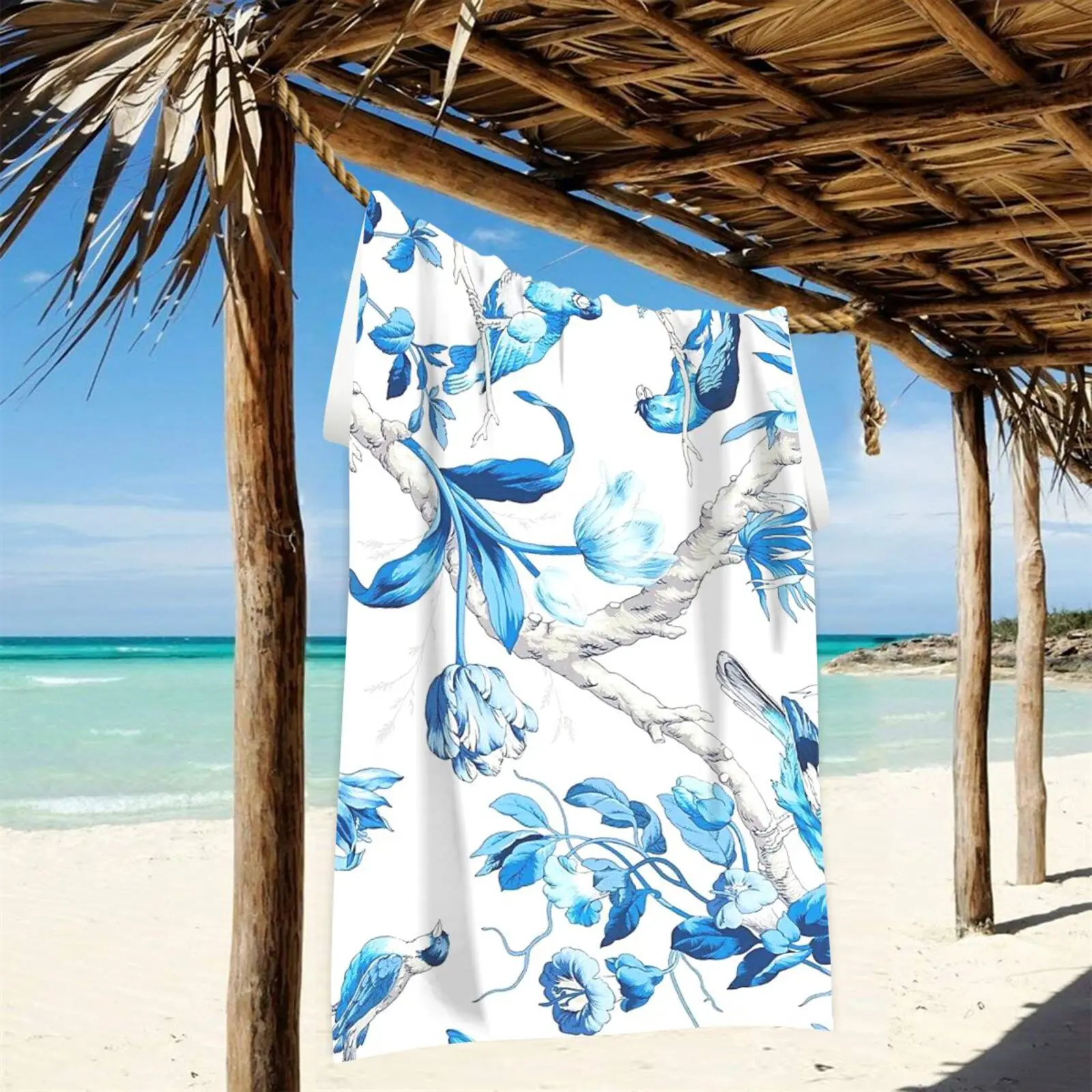 Chinese blue and white porcelain flower and bird patterntowell Absorbent Swimming carryBeach towelsLight breathable absorbent.