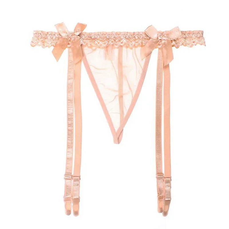 Women Sexy Lace Solid Thin Suspender Garter belt with transparent T-back G-String Belt Lingerie Bow knot sex game sm Panty